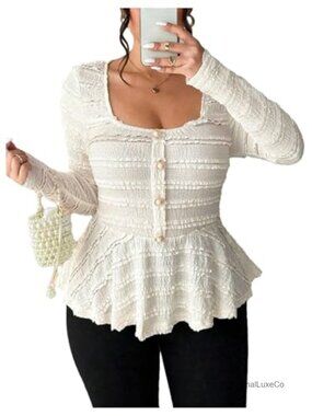 Plus Size Long Sleeve Peplum Top with Pearl Ruffle Hem